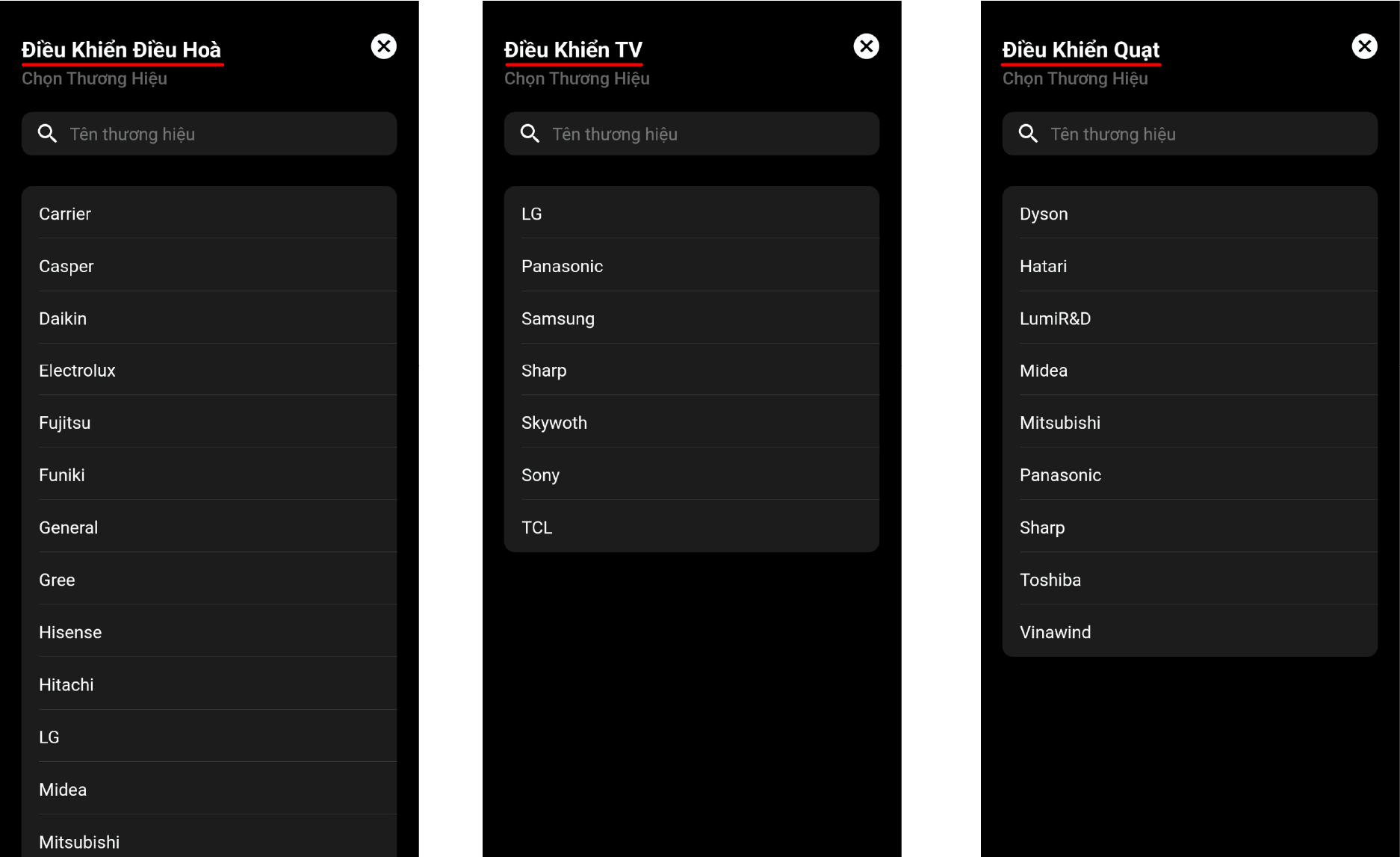 Các thương hiệu tương ứng với điều khiển.