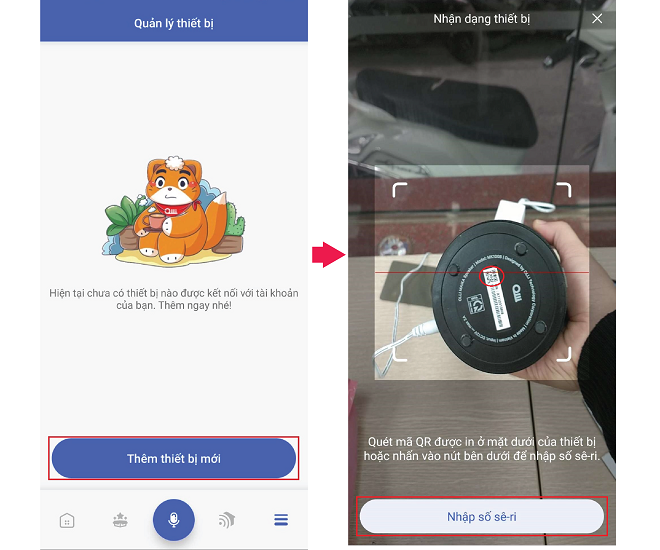 Bước 2: Lựa chọn "Thêm thiết bị mới" -> Quét mã QR code hoặc nhập Serial number dưới đáy loa.
