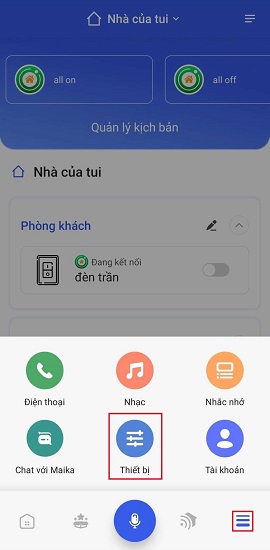 Bước 1: Mở app Maika, nhấn vào biểu tượng menu ở góc phải bên dưới màn hình chọn "Thiết bị".